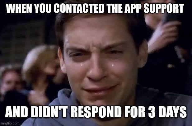WHEN YOU CONTACTED THE APP SUPPORT; AND DIDN'T RESPOND FOR 3 DAYS | image tagged in memes | made w/ Imgflip meme maker