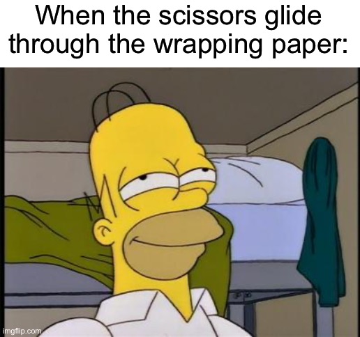 It’s so satisfying :D It’s also Christmas time! |  When the scissors glide through the wrapping paper: | image tagged in homer satisfied,memes,funny,christmas,relatable memes,true story | made w/ Imgflip meme maker