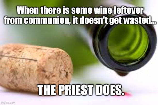 Leftover wine | When there is some wine leftover from communion, it doesn't get wasted... THE PRIEST DOES. | image tagged in empty wine bottle,wine from communion,does not get wasted,the priest does,dark humour | made w/ Imgflip meme maker