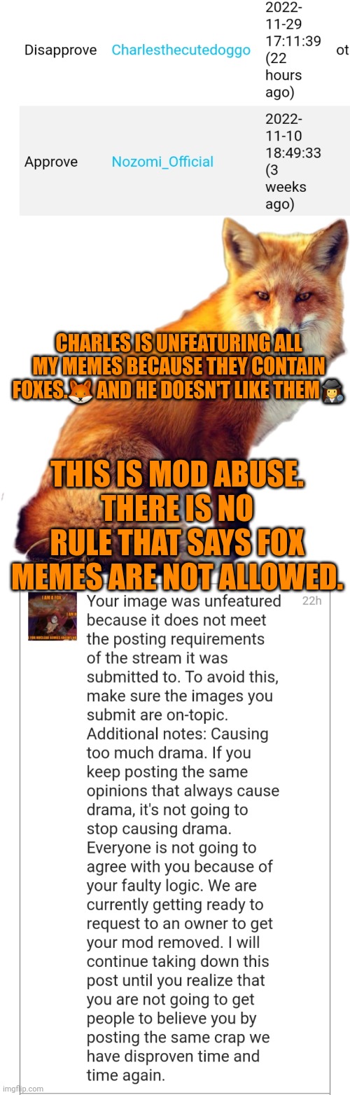 Mod abuse is not an important fox fact | CHARLES IS UNFEATURING ALL MY MEMES BECAUSE THEY CONTAIN FOXES.🦊 AND HE DOESN'T LIKE THEM🕵️‍♀️; THIS IS MOD ABUSE.
THERE IS NO RULE THAT SAYS FOX MEMES ARE NOT ALLOWED. | image tagged in mods,abuse | made w/ Imgflip meme maker
