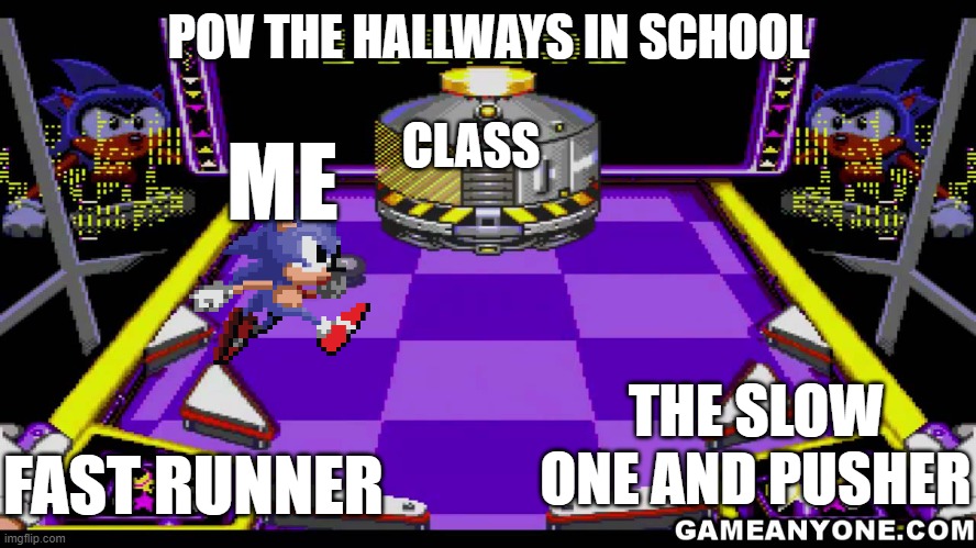 the hallways in school in a nutshell | POV THE HALLWAYS IN SCHOOL; CLASS; ME; THE SLOW ONE AND PUSHER; FAST RUNNER | image tagged in sonic spinball,high school hallways,middle school high way,sonic the hedgehog,memes,funny memes | made w/ Imgflip meme maker