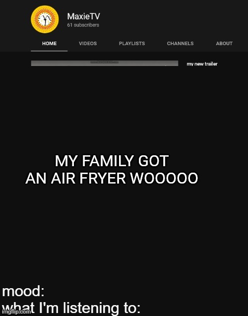 NEW MAXIETV TEMP | MY FAMILY GOT AN AIR FRYER WOOOOO | image tagged in new maxietv temp | made w/ Imgflip meme maker
