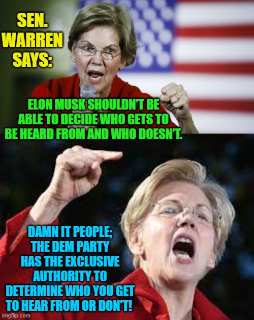 Actually it sounds like fake Pocahontas is gearing up to challenge Biden for 2024. | SEN. WARREN SAYS:; ELON MUSK SHOULDN’T BE ABLE TO DECIDE WHO GETS TO BE HEARD FROM AND WHO DOESN’T. DAMN IT PEOPLE; THE DEM PARTY HAS THE EXCLUSIVE AUTHORITY TO DETERMINE WHO YOU GET TO HEAR FROM OR DON'T! | image tagged in propagandists | made w/ Imgflip meme maker