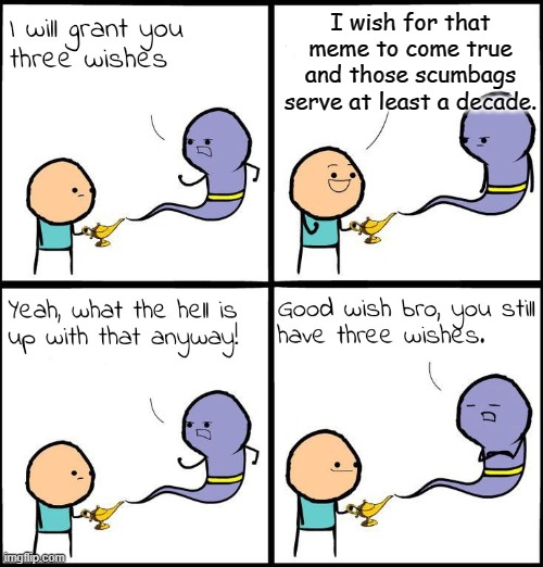 3 Wishes | I wish for that meme to come true and those scumbags serve at least a decade. | image tagged in 3 wishes | made w/ Imgflip meme maker