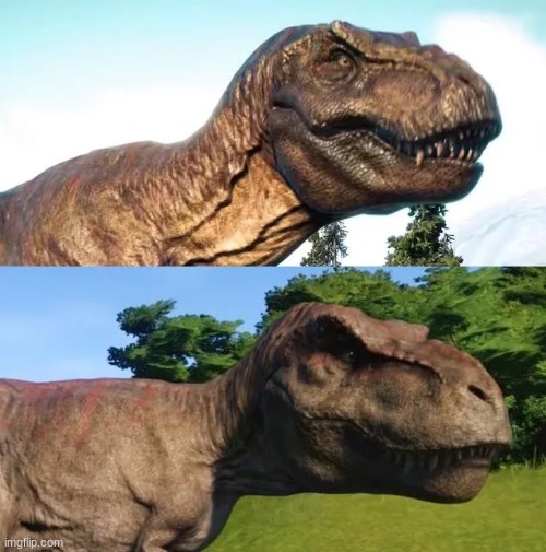 Can you see the difference between these t rex models in JWE 1 and 2 | image tagged in jurassic park,jurassic world,t rex,dinosaur,jurassic world evolution | made w/ Imgflip meme maker