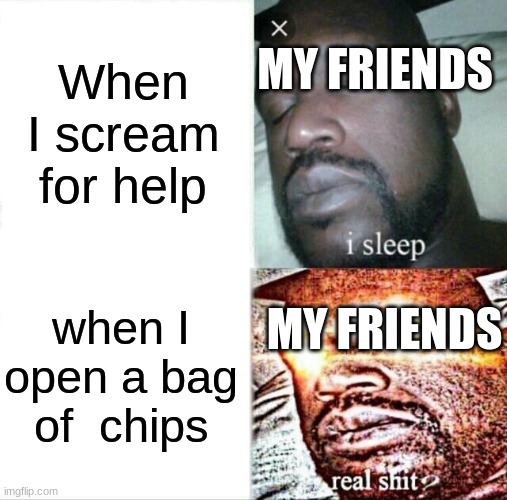 Sleeping Shaq | When I scream for help; MY FRIENDS; MY FRIENDS; when I open a bag of  chips | image tagged in memes,sleeping shaq | made w/ Imgflip meme maker