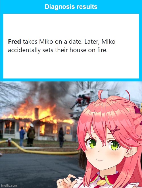 Oh shit Miko did arson? | image tagged in memes,disaster girl,hololive | made w/ Imgflip meme maker