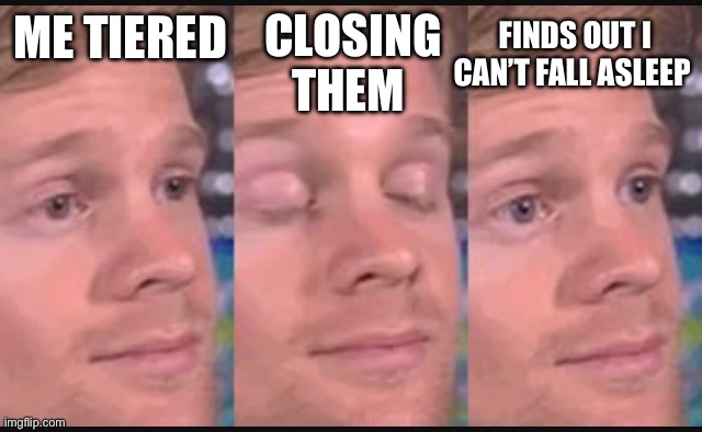 Blinking guy | FINDS OUT I CAN’T FALL ASLEEP; CLOSING THEM; ME TIERED | image tagged in blinking guy | made w/ Imgflip meme maker