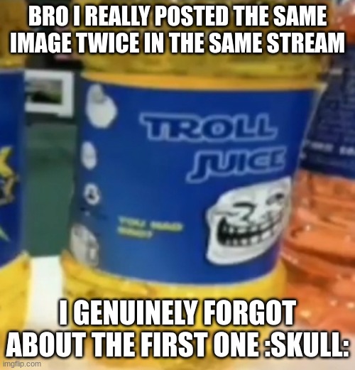 troll juice | BRO I REALLY POSTED THE SAME IMAGE TWICE IN THE SAME STREAM; I GENUINELY FORGOT ABOUT THE FIRST ONE :SKULL: | image tagged in troll juice | made w/ Imgflip meme maker