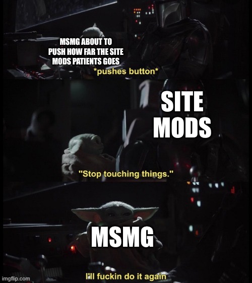 Stop touching buttons | MSMG ABOUT TO PUSH HOW FAR THE SITE MODS PATIENTS GOES; SITE MODS; MSMG | image tagged in stop touching buttons | made w/ Imgflip meme maker