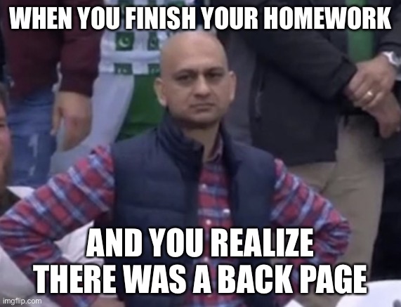 Frustrated Man | WHEN YOU FINISH YOUR HOMEWORK; AND YOU REALIZE THERE WAS A BACK PAGE | image tagged in frustrated man | made w/ Imgflip meme maker