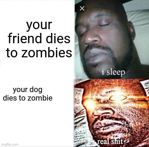 Sleeping Shaq | your friend dies to zombies; your dog dies to zombie | image tagged in memes,sleeping shaq | made w/ Imgflip meme maker