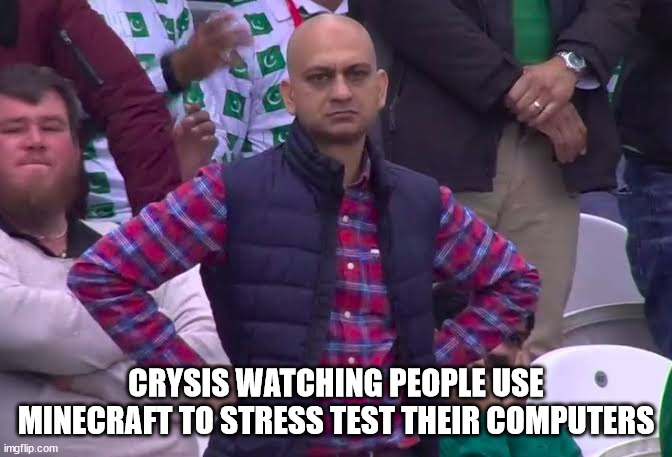 Crysis in crisis | CRYSIS WATCHING PEOPLE USE MINECRAFT TO STRESS TEST THEIR COMPUTERS | image tagged in disappointed man | made w/ Imgflip meme maker