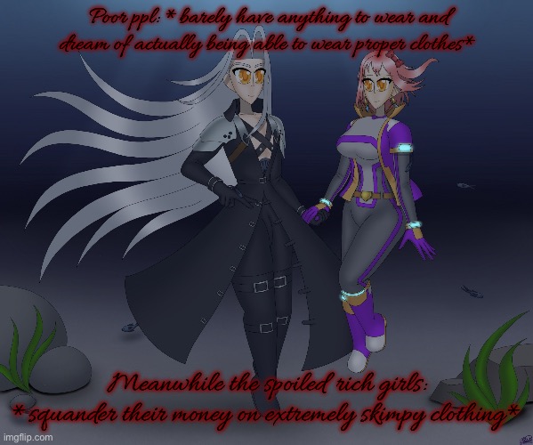 We for sure live in a society | Poor ppl: *barely have anything to wear and dream of actually being able to wear proper clothes*; Meanwhile the spoiled rich girls: *squander their money on extremely skimpy clothing* | image tagged in sayori and sephiroth | made w/ Imgflip meme maker