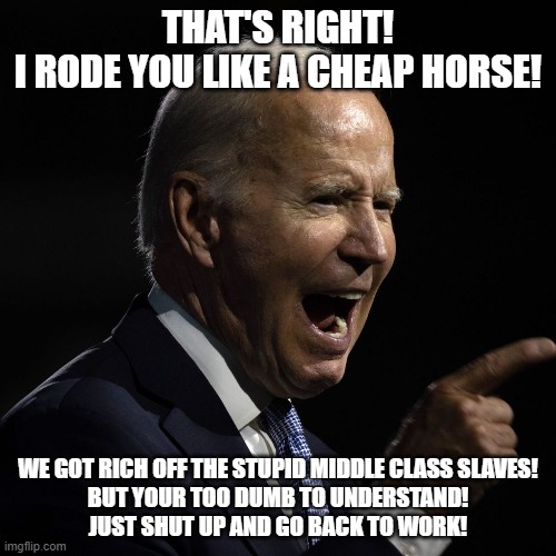 Biden rode us hard! | THAT'S RIGHT!
I RODE YOU LIKE A CHEAP HORSE! WE GOT RICH OFF THE STUPID MIDDLE CLASS SLAVES!
BUT YOUR TOO DUMB TO UNDERSTAND!
JUST SHUT UP AND GO BACK TO WORK! | image tagged in joe biden,democrats,government corruption | made w/ Imgflip meme maker
