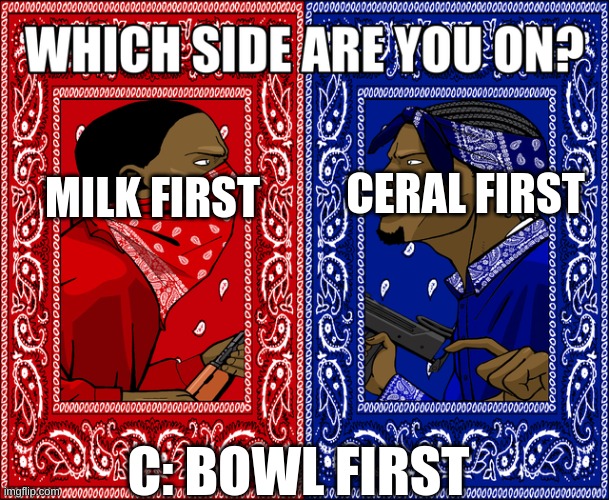 A, B, Or C? | MILK FIRST; CERAL FIRST; C: BOWL FIRST | image tagged in which side are you on,bowl,cereal,milk | made w/ Imgflip meme maker