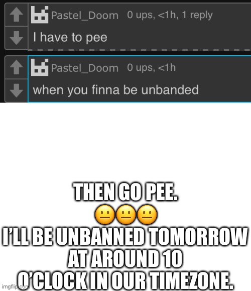 THEN GO PEE.
😐😐😐
I’LL BE UNBANNED TOMORROW AT AROUND 10 O’CLOCK IN OUR TIMEZONE. | image tagged in blank white template | made w/ Imgflip meme maker