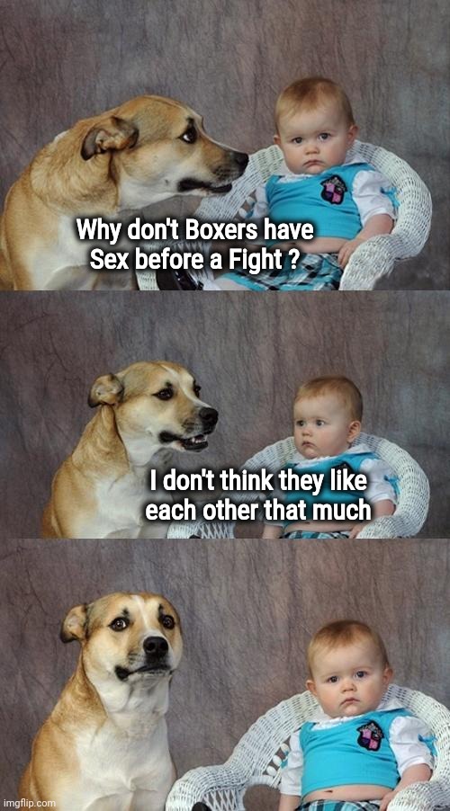 Below the Belt | Why don't Boxers have
Sex before a Fight ? I don't think they like
each other that much | image tagged in memes,dad joke dog,boxing,fighting,athletes,sports | made w/ Imgflip meme maker
