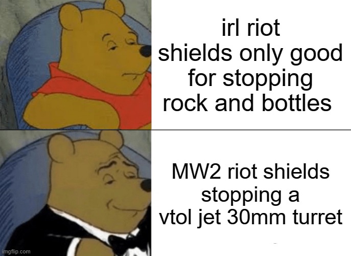 Tuxedo Winnie The Pooh Meme | irl riot shields only good for stopping rock and bottles; MW2 riot shields stopping a vtol jet 30mm turret | image tagged in memes,tuxedo winnie the pooh | made w/ Imgflip meme maker