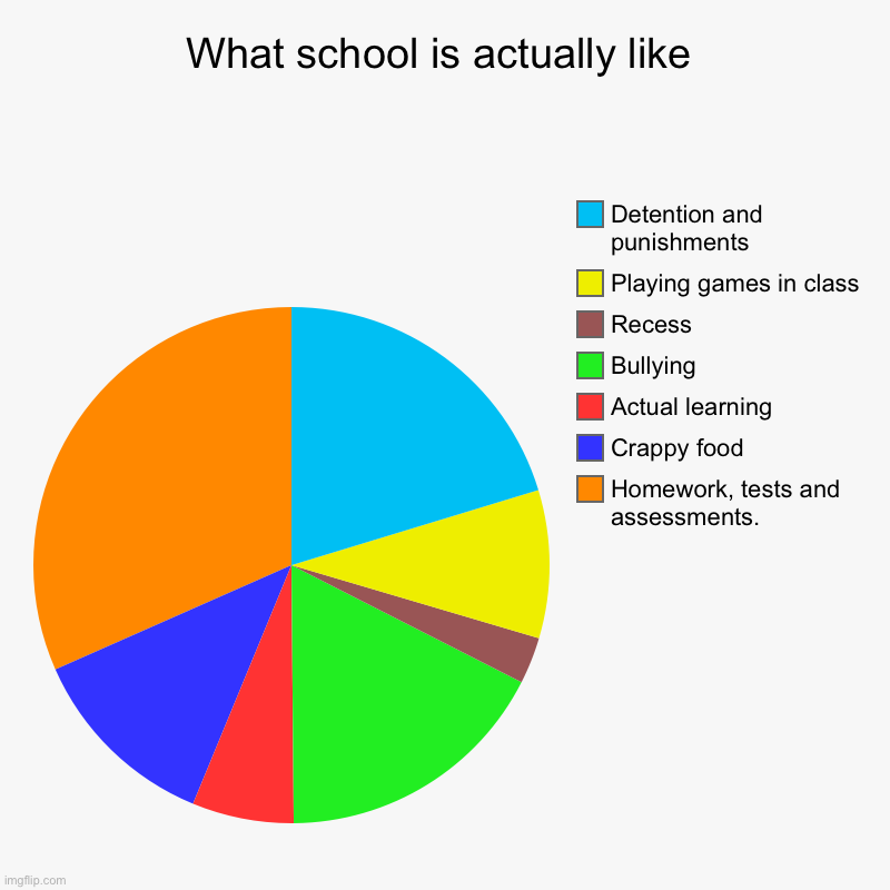 What is school | What school is actually like | Homework, tests and assessments., Crappy food, Actual learning , Bullying, Recess, Playing games in class, De | image tagged in charts,pie charts | made w/ Imgflip chart maker