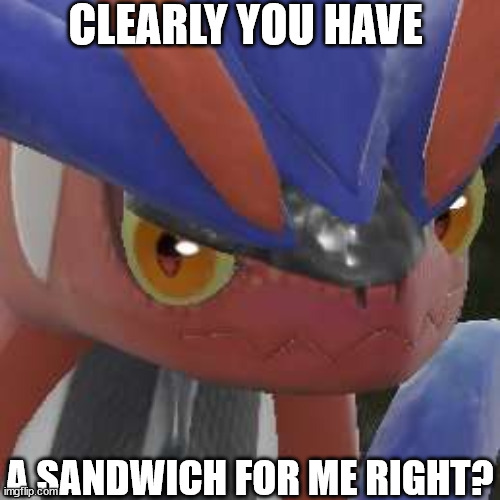 CLEARLY YOU HAVE; A SANDWICH FOR ME RIGHT? | image tagged in pokemon scarlet,sandwiches | made w/ Imgflip meme maker