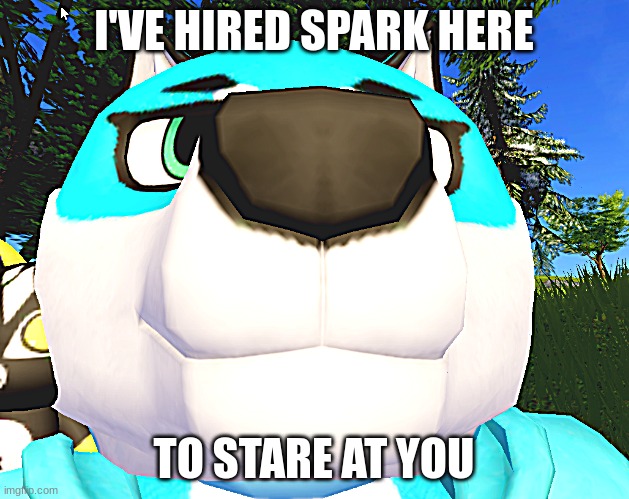 Made a meme template called o he look at camera and captioned it | I'VE HIRED SPARK HERE; TO STARE AT YOU | image tagged in o he look at camera,furry,furry memes,the furry fandom | made w/ Imgflip meme maker