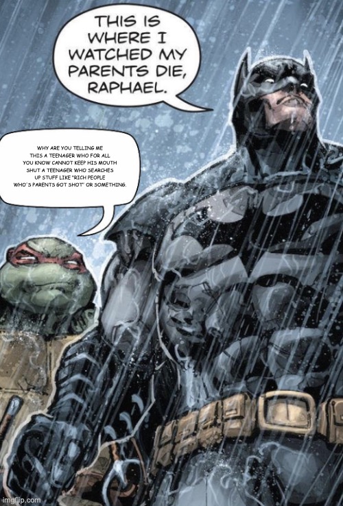 Bat man and Rafael |  WHY ARE YOU TELLING ME THIS A TEENAGER WHO FOR ALL YOU KNOW CANNOT KEEP HIS MOUTH SHUT A TEENAGER WHO SEARCHES UP STUFF LIKE "RICH PEOPLE WHO'S PARENTS GOT SHOT" OR SOMETHING. | image tagged in bat man and rafael | made w/ Imgflip meme maker