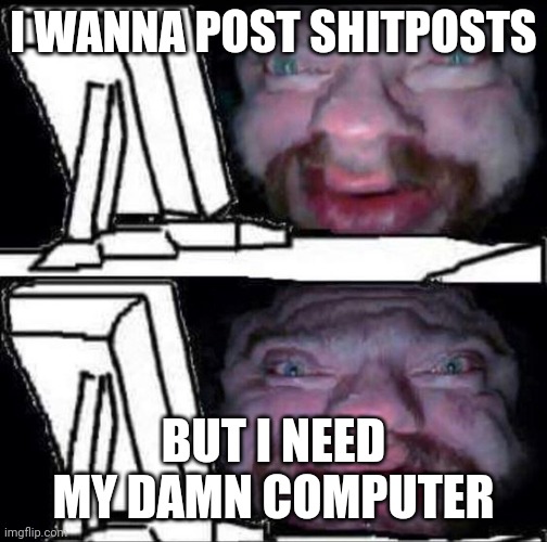 wtf is this | I WANNA POST SHITPOSTS; BUT I NEED MY DAMN COMPUTER | image tagged in wtf is this | made w/ Imgflip meme maker