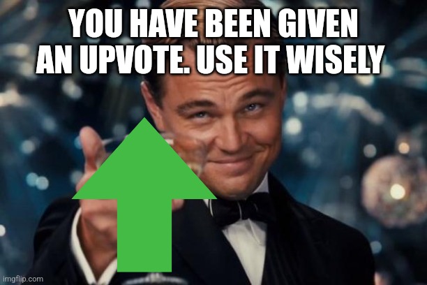 Leonardo Dicaprio Cheers Meme | YOU HAVE BEEN GIVEN AN UPVOTE. USE IT WISELY | image tagged in memes,leonardo dicaprio cheers | made w/ Imgflip meme maker