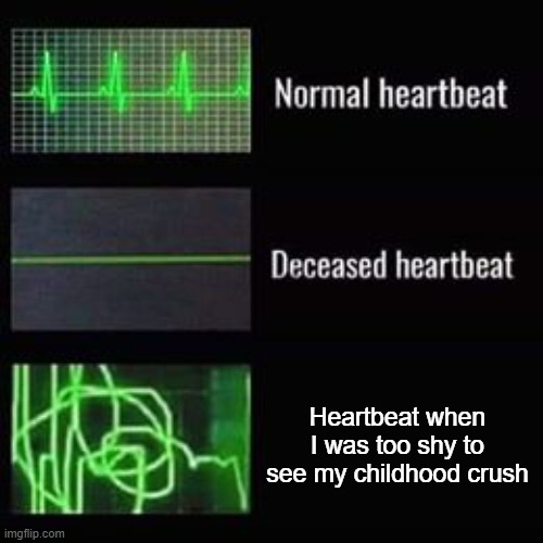 What my heartbeat feels like | Heartbeat when I was too shy to see my childhood crush | image tagged in heartbeat rate,waifu | made w/ Imgflip meme maker