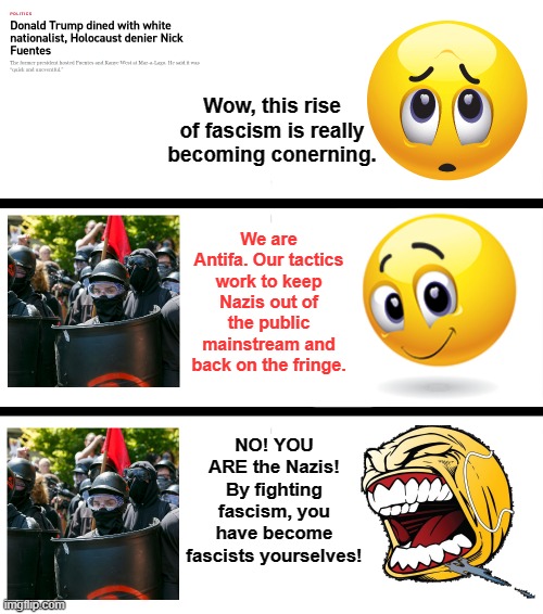 Why do so many Americans make this same incredibly stupid argument? | Wow, this rise of fascism is really becoming conerning. We are Antifa. Our tactics work to keep Nazis out of the public mainstream and back on the fringe. NO! YOU ARE the Nazis! By fighting fascism, you have become fascists yourselves! | image tagged in antifa,fascism,nazis,neo-nazis,donald trump,white nationalism | made w/ Imgflip meme maker