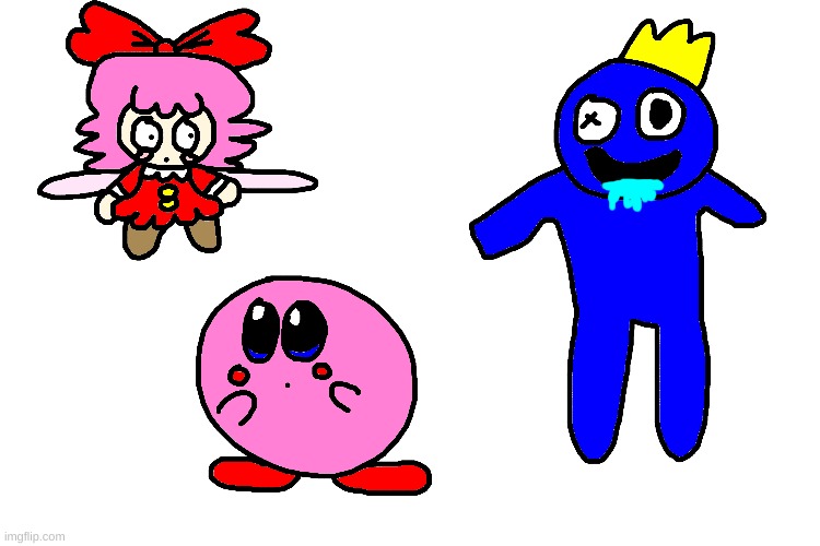Kirby and Ribbon meets Blue (from Rainbow Friends) | image tagged in kirby,ribbon,rainbow friends,blue,crossover,fanart | made w/ Imgflip meme maker