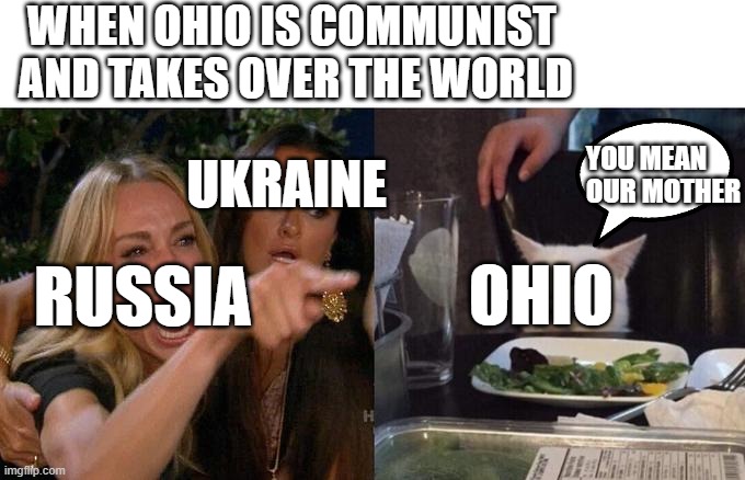 Woman Yelling At Cat | WHEN OHIO IS COMMUNIST AND TAKES OVER THE WORLD; YOU MEAN OUR MOTHER; UKRAINE; OHIO; RUSSIA | image tagged in memes,woman yelling at cat | made w/ Imgflip meme maker