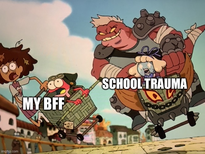 Ono Pearl is scary and so is school trauma | SCHOOL TRAUMA; MY BFF | image tagged in amphibia pricilla and scary pearl knocking over anne and sprig | made w/ Imgflip meme maker