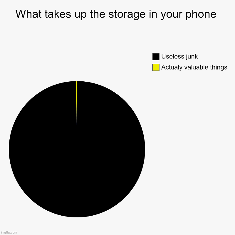 I mean, it's true... | What takes up the storage in your phone | Actualy valuable things, Useless junk | image tagged in charts,pie charts | made w/ Imgflip chart maker