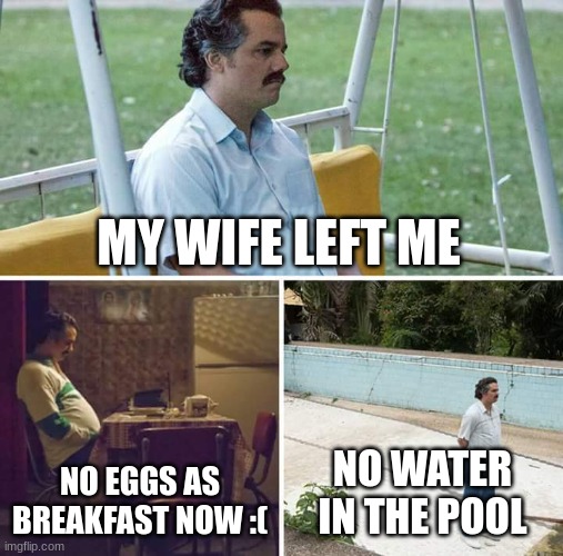 :(( | MY WIFE LEFT ME; NO EGGS AS BREAKFAST NOW :(; NO WATER IN THE POOL | image tagged in memes,sad pablo escobar | made w/ Imgflip meme maker