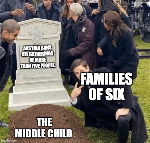 Grant Gustin over grave | AUSTRIA BANS ALL GATHERINGS OF MORE THAN FIVE PEOPLE. FAMILIES OF SIX; THE MIDDLE CHILD | image tagged in grant gustin over grave | made w/ Imgflip meme maker