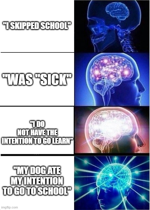 Expanding Brain | "I SKIPPED SCHOOL"; "WAS "SICK"; "I DO NOT HAVE THE INTENTION TO GO LEARN"; "MY DOG ATE MY INTENTION TO GO TO SCHOOL" | image tagged in memes,expanding brain | made w/ Imgflip meme maker