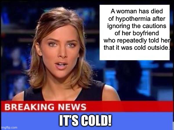 Cold | A woman has died of hypothermia after ignoring the cautions of her boyfriend who repeatedly told her that it was cold outside. IT’S COLD! | image tagged in breaking news | made w/ Imgflip meme maker