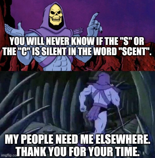 Let me know what you think! | YOU WILL NEVER KNOW IF THE "S" OR THE "C" IS SILENT IN THE WORD "SCENT". MY PEOPLE NEED ME ELSEWHERE. THANK YOU FOR YOUR TIME. | image tagged in he man skeleton advices,shower thoughts,words,memes,funny,thinking | made w/ Imgflip meme maker
