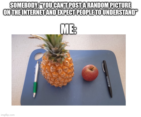 If you know you know | SOMEBODY: "YOU CAN'T POST A RANDOM PICTURE ON THE INTERNET AND EXPECT PEOPLE TO UNDERSTAND"; ME: | image tagged in random,ppap | made w/ Imgflip meme maker