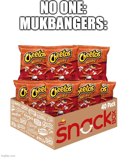CHEETO DUSTTTTT | NO ONE:
MUKBANGERS: | image tagged in cheetos,mukbang | made w/ Imgflip meme maker