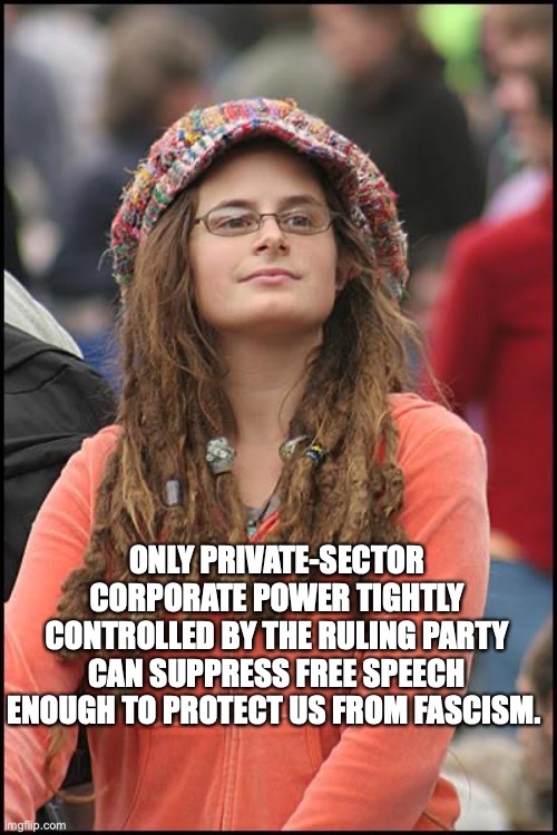 College Liberal Meme | ONLY PRIVATE-SECTOR CORPORATE POWER TIGHTLY CONTROLLED BY THE RULING PARTY CAN SUPPRESS FREE SPEECH ENOUGH TO PROTECT US FROM FASCISM. | image tagged in memes,college liberal | made w/ Imgflip meme maker