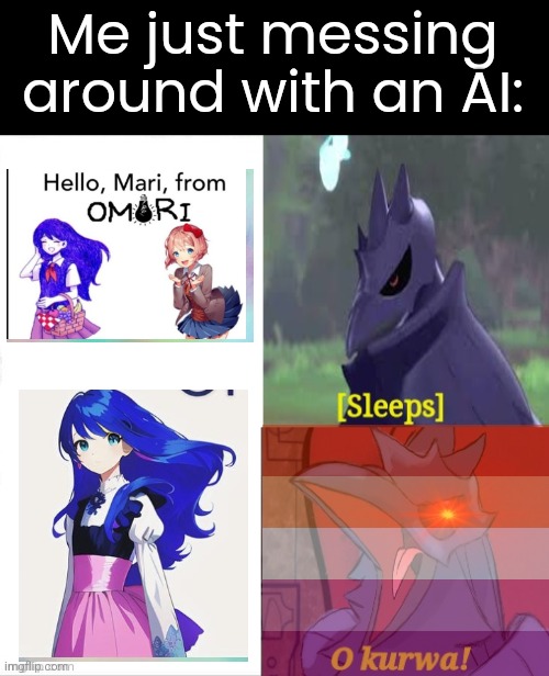 Well now I'm having a gay panic- And yes, Mari is low-key hot (kinda, like adult Mari though) But I'm still no simp. | Me just messing around with an AI: | image tagged in i shleep-dj corviknight | made w/ Imgflip meme maker