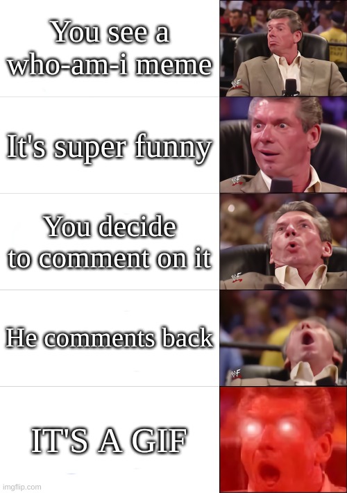 Love it | You see a who-am-i meme; It's super funny; You decide to comment on it; He comments back; IT'S A GIF | image tagged in vince mcmahon 5 tier,who_am_i | made w/ Imgflip meme maker