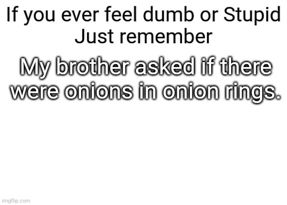 And he is 11 years old. | My brother asked if there were onions in onion rings. | image tagged in if you ever feel dumb or stupid just remember,onion | made w/ Imgflip meme maker