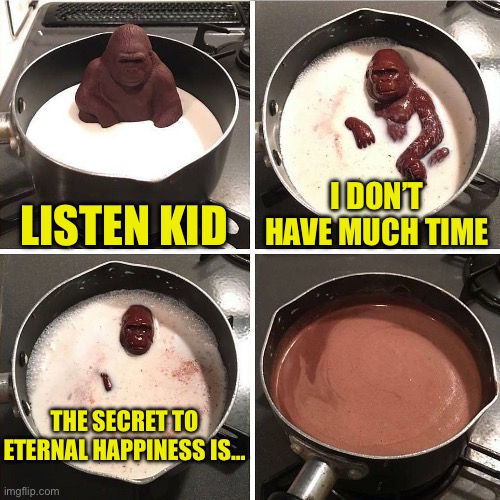 chocolate gorilla | LISTEN KID; I DON’T HAVE MUCH TIME; THE SECRET TO ETERNAL HAPPINESS IS… | image tagged in chocolate gorilla | made w/ Imgflip meme maker