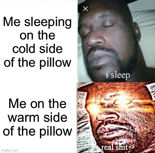 Tell me this is true | Me sleeping on the cold side of the pillow; Me on the warm side of the pillow | image tagged in memes,sleeping shaq | made w/ Imgflip meme maker