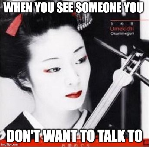 dont look | WHEN YOU SEE SOMEONE YOU; DON'T WANT TO TALK TO | image tagged in umekichi,chaos,friend,talking,public | made w/ Imgflip meme maker