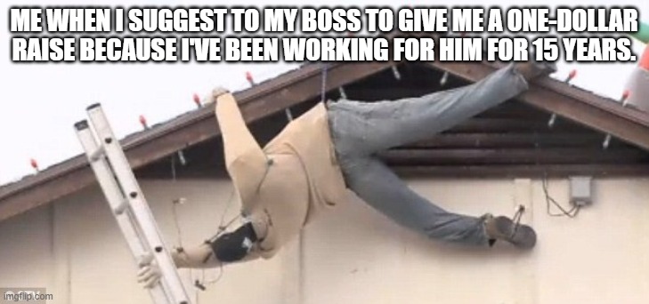 what your boss doesn't want | ME WHEN I SUGGEST TO MY BOSS TO GIVE ME A ONE-DOLLAR RAISE BECAUSE I'VE BEEN WORKING FOR HIM FOR 15 YEARS. | image tagged in funny,ladder,falling,roof | made w/ Imgflip meme maker